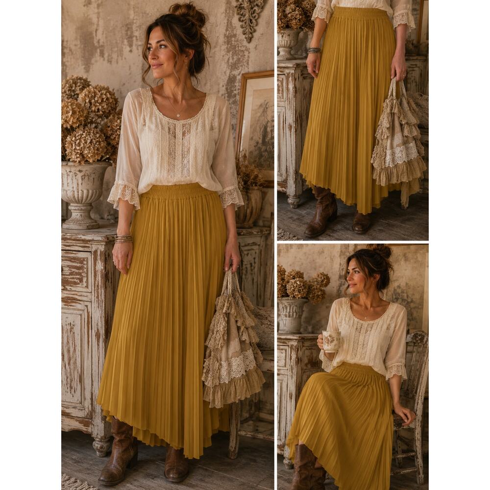 Chiffon Mustard Pleated Angled Midi Skirt SZ M NWT | Chic Boho Indie| Jon & Anna